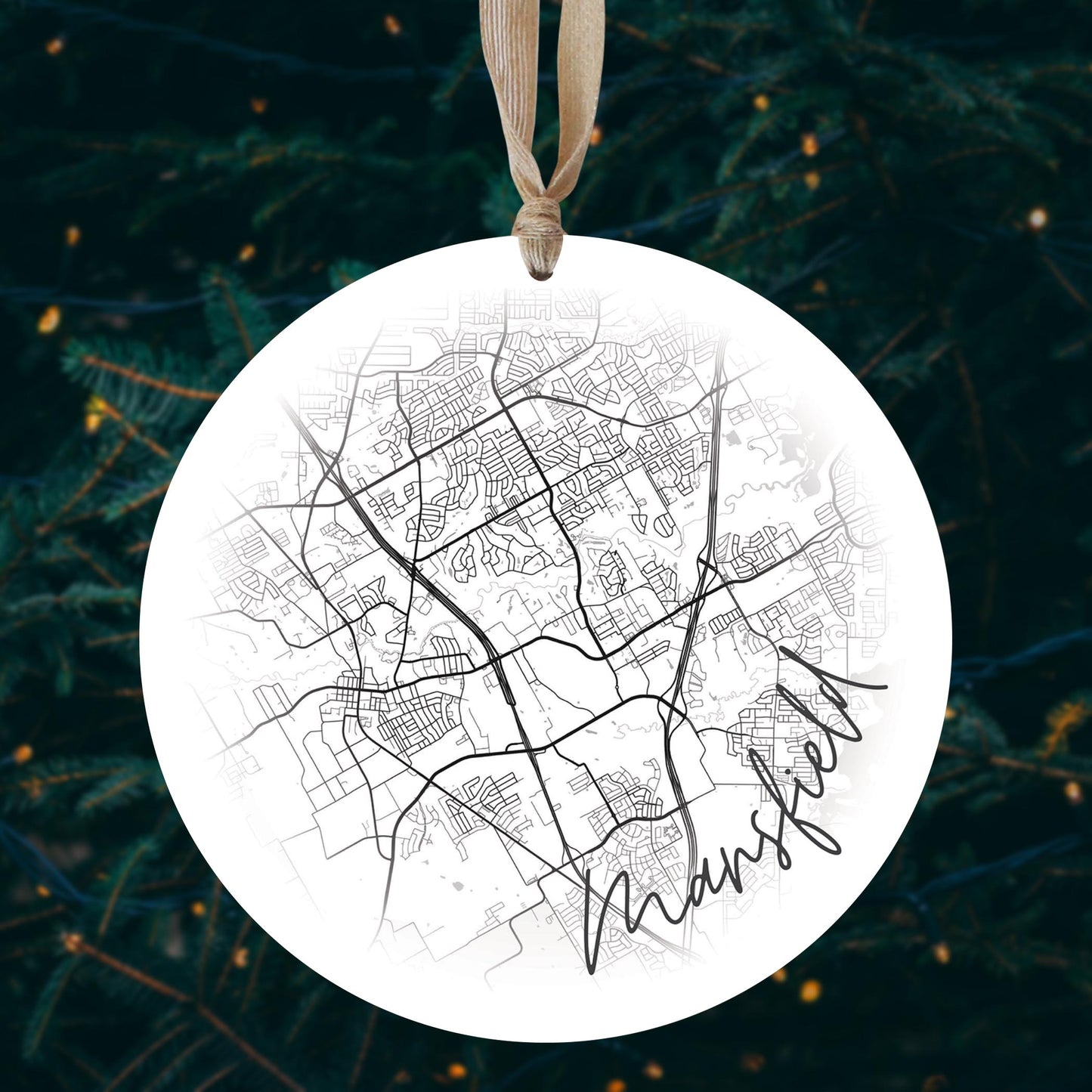 Minimalistic B&W Texas Mansfield Circle Map | Wood Ornament | Eaches | Min 1