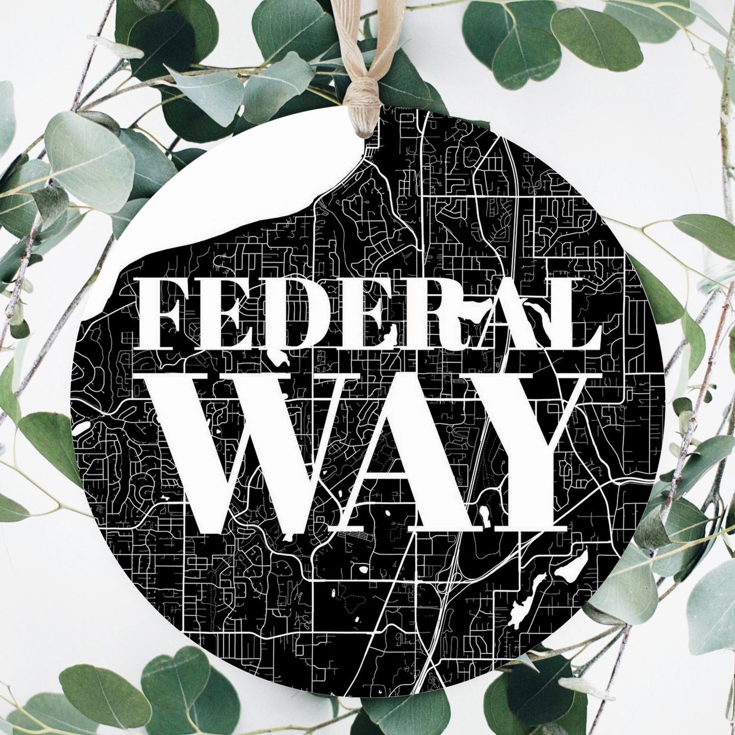 Minimalistic B&W Washington Federal Way Map | Wood Ornament | Eaches | Min 1