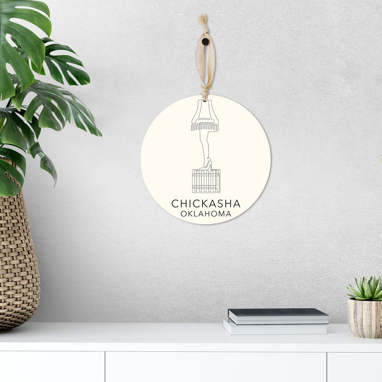 Modern Minimalist Oklahoma Chickasha Leg Lamp | Wood Ornament | Eaches | Min 1