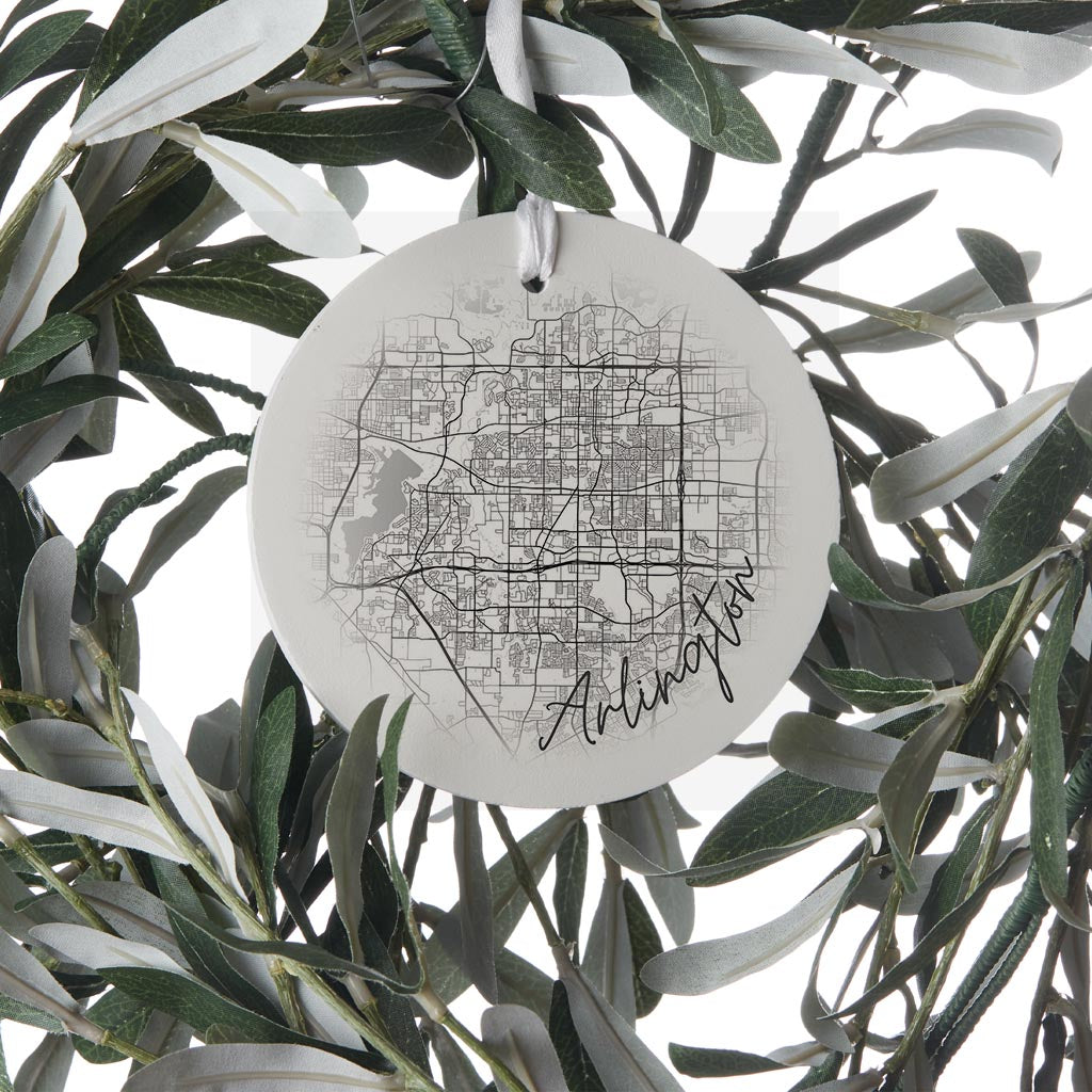 Minimalistic B&W Texas Arlington Circle Map | Wood Ornament | Eaches | Min 6