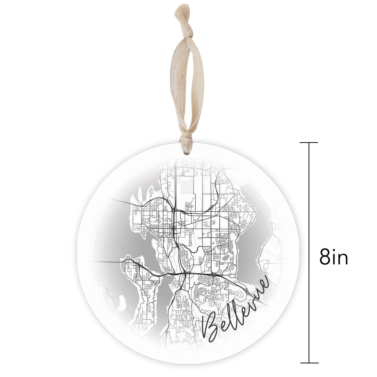 Minimalistic B&W Washington Bellevue Circle Map | Wood Ornament | Eaches | Min 1