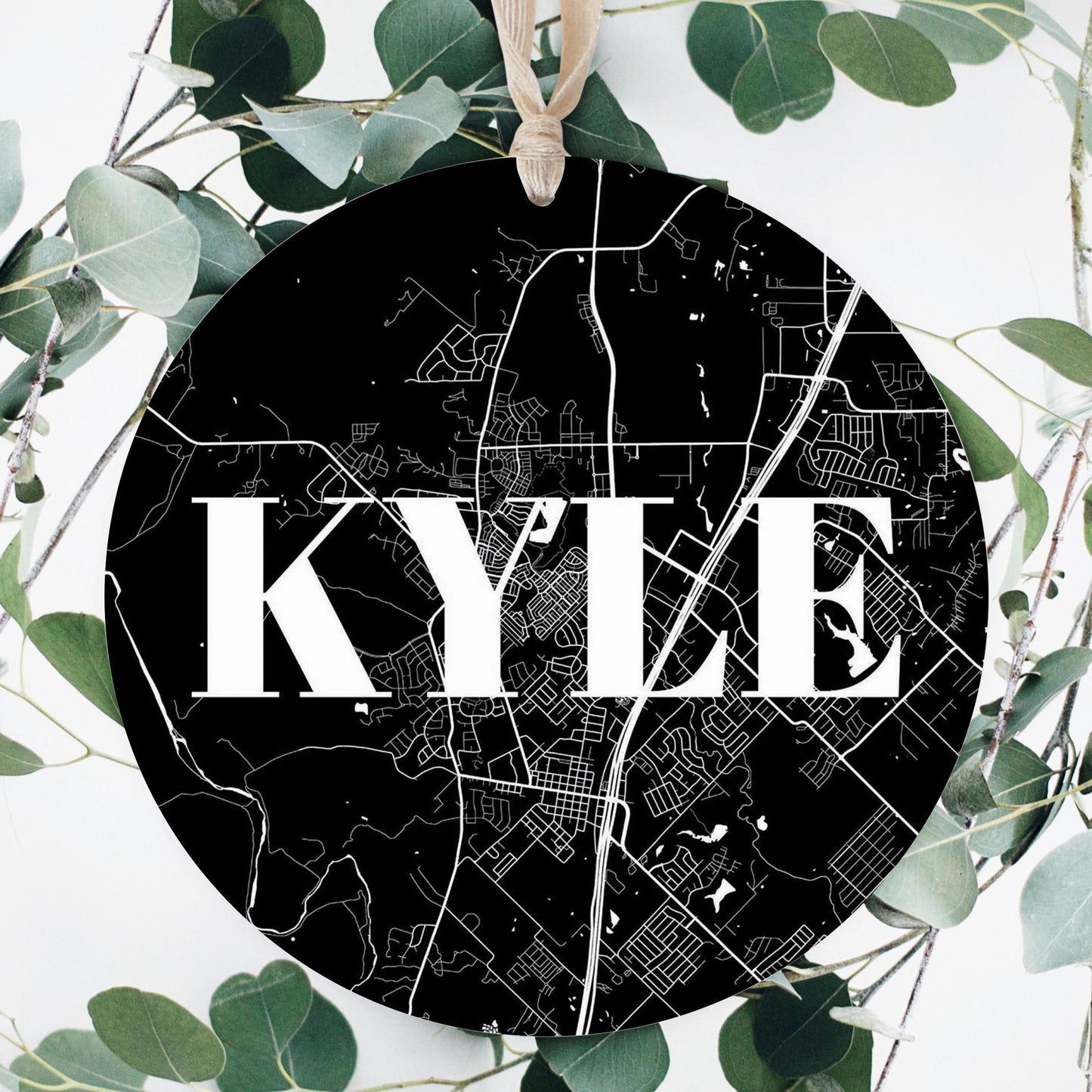 Minimalistic B&W Texas Kyle Map | Wood Ornament | Eaches | Min 1