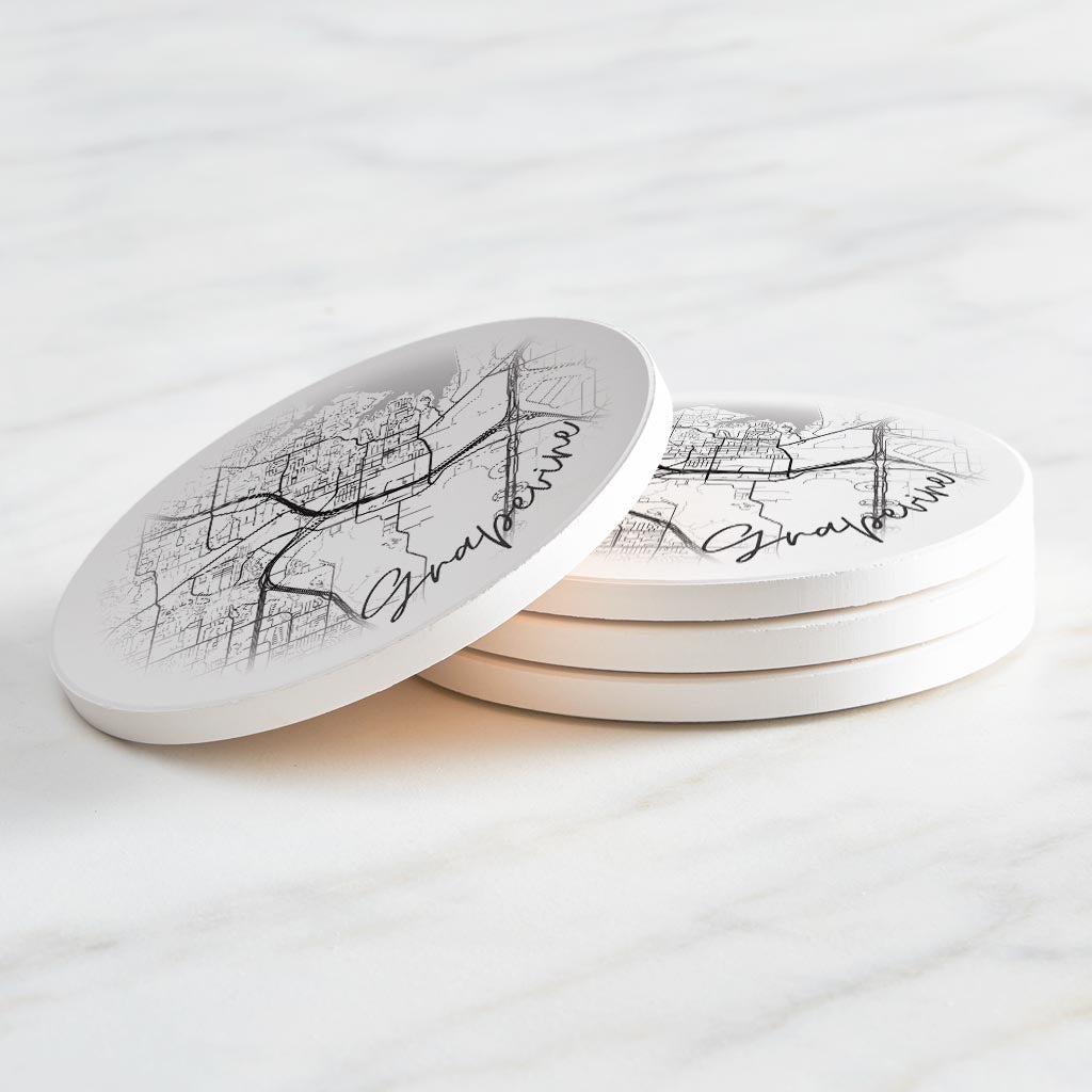 Minimalistic B&W Texas Grapevine Circle Map| Absorbent Coasters | Set of 4 | Min 2