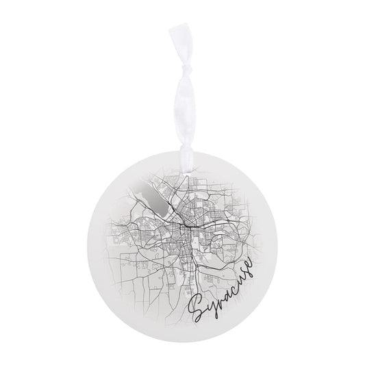 Minimalistic B&W New York Syracuse Faded Circle Map | Wood Ornament | Eaches | Min 6