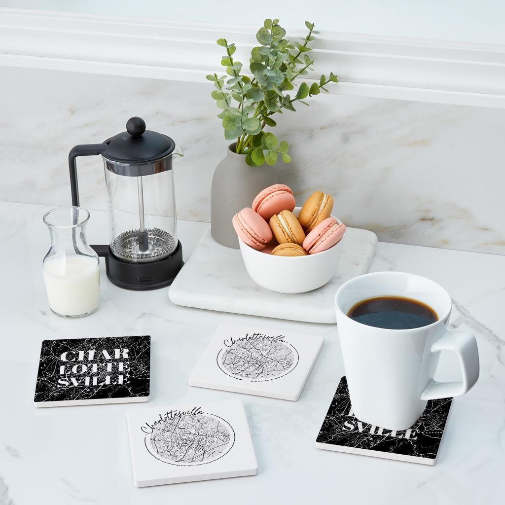 Minimalistic B&W Virginia Charlottesville Maps | Absorbent Coasters | Set of 4 | Min 2