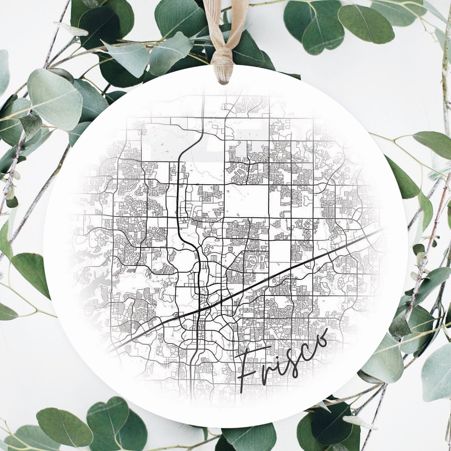 Minimalistic B&W Texas Frisco Circle Map | Wood Ornament | Eaches | Min 1