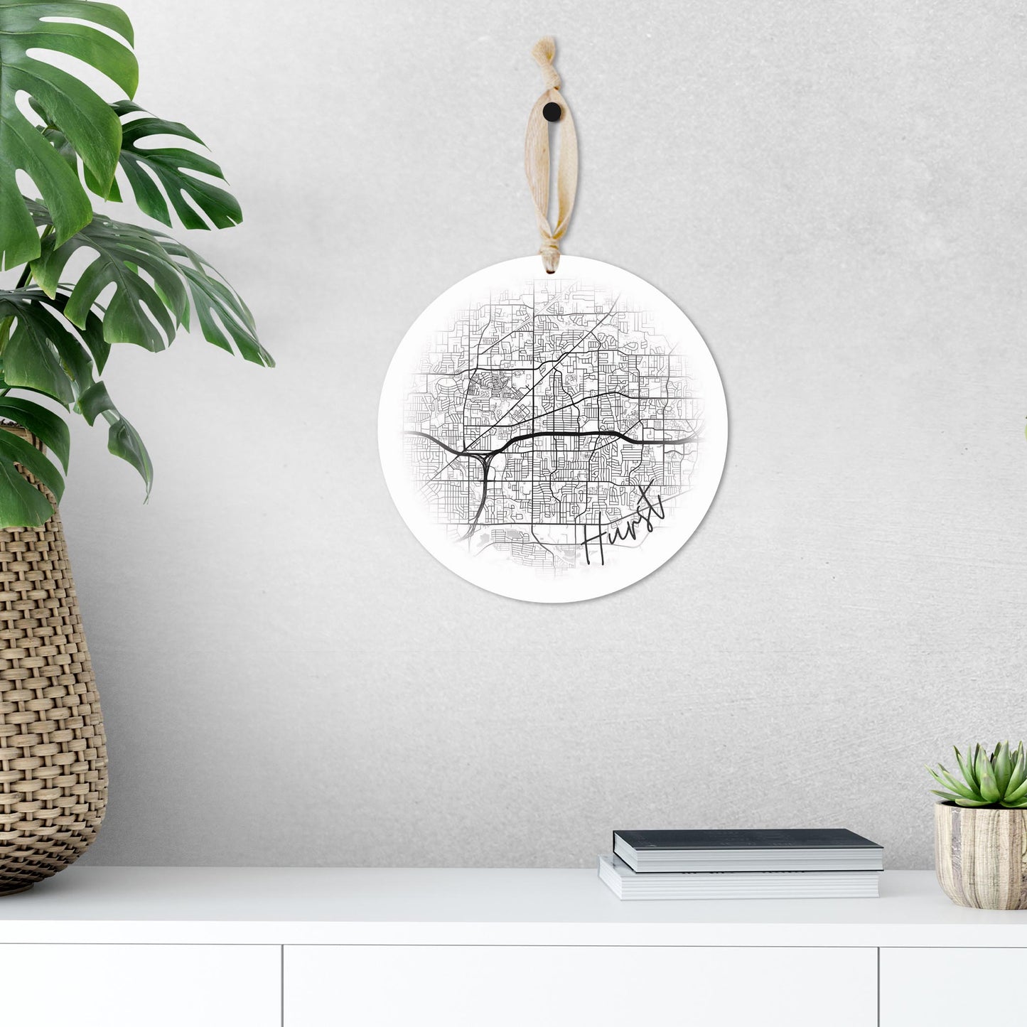 Minimalistic B&W Texas Hurst Circle Map | Wood Ornament | Eaches | Min 1