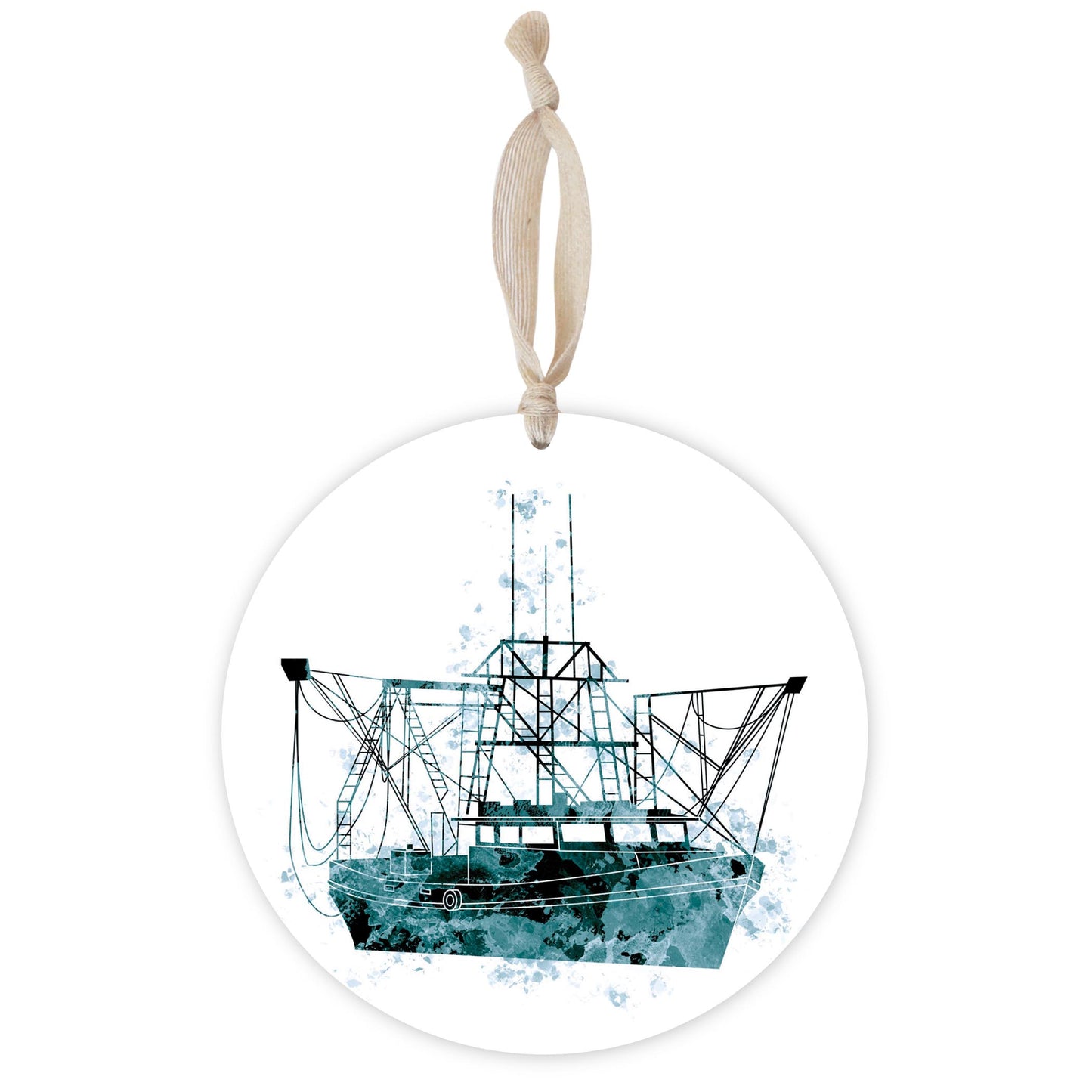 Blue White Water Color Shrimp Boat | Wood Ornament | Eaches | Min 1