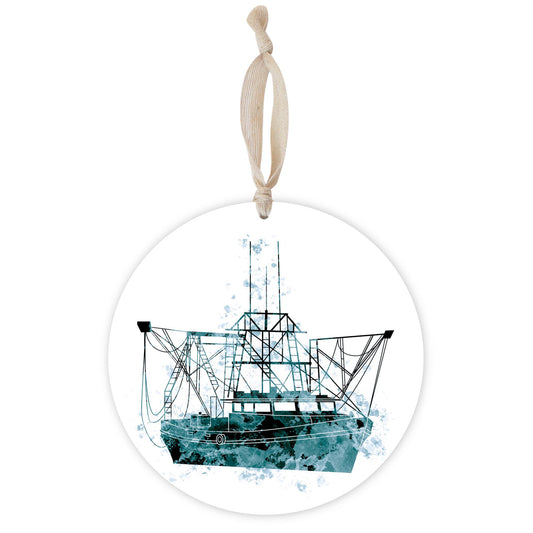 Blue White Water Color Shrimp Boat | Wood Ornament | Eaches | Min 1