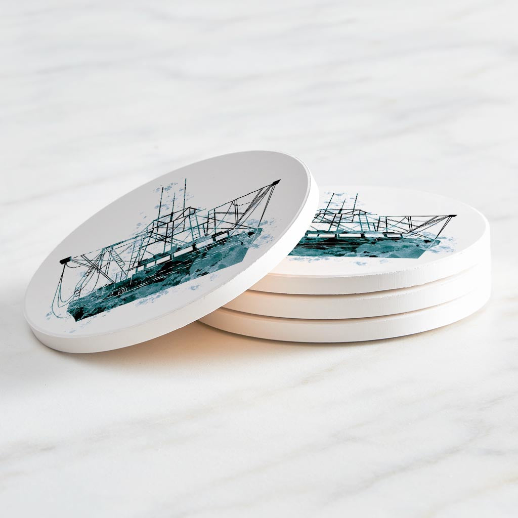 Blue White Water Color Shrimp Boat | Absorbent Coasters | Set of 4 | Min 2