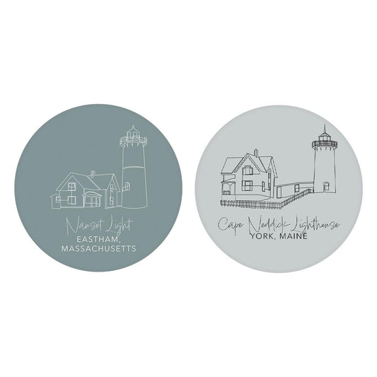 New England Lighthouses Muted Coastal | Absorbent Car Coasters | Set of 2 | Min 4