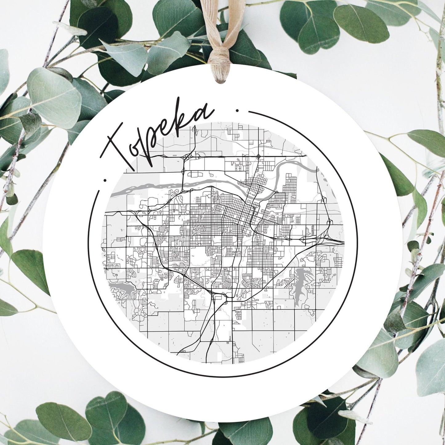 Minimalist B&W Kansas Topeka Circle Map | Wood Ornament | Eaches | Min 1