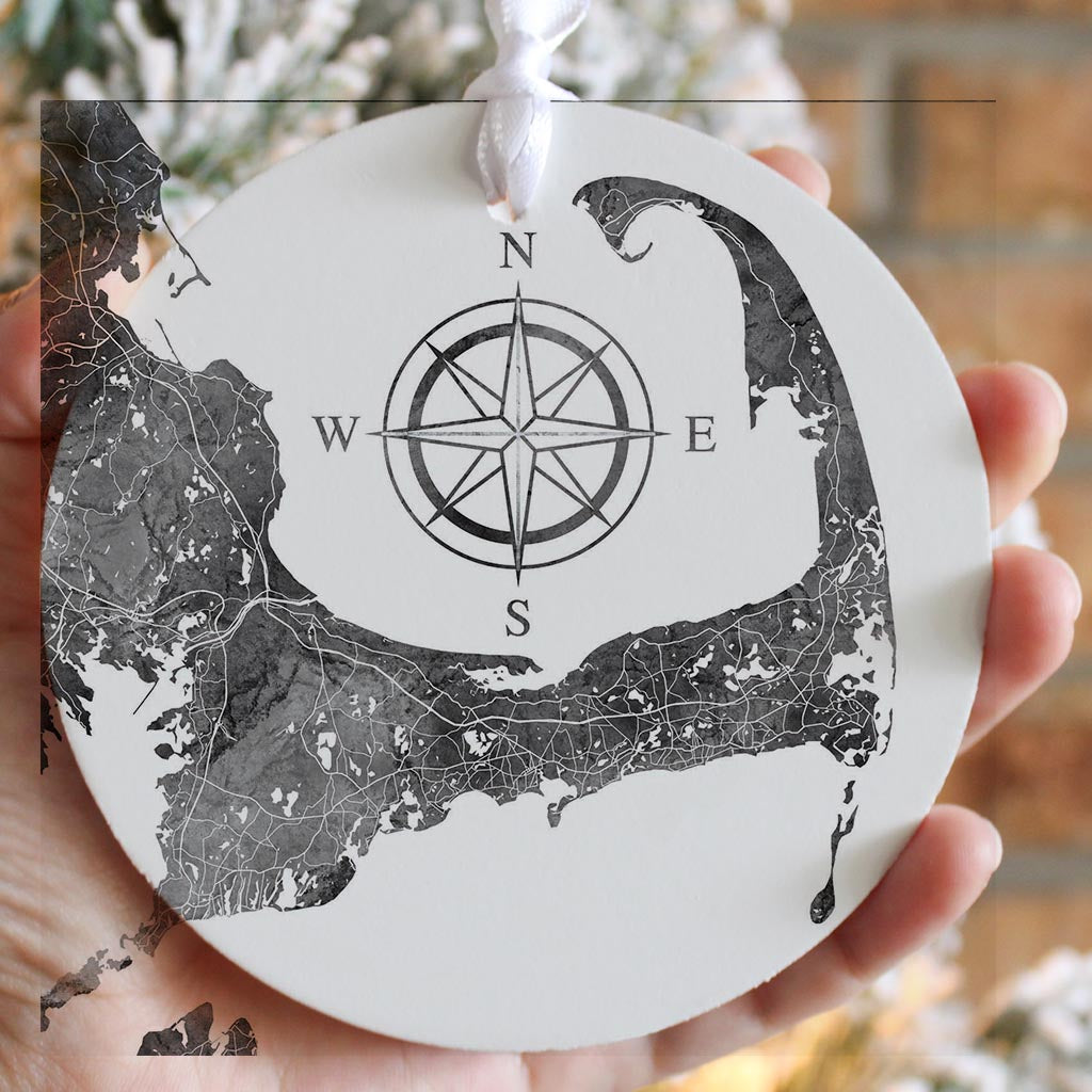 Minimalistic B&W Cape Cod Map With Compass | Wood Ornament | Eaches | Min 6