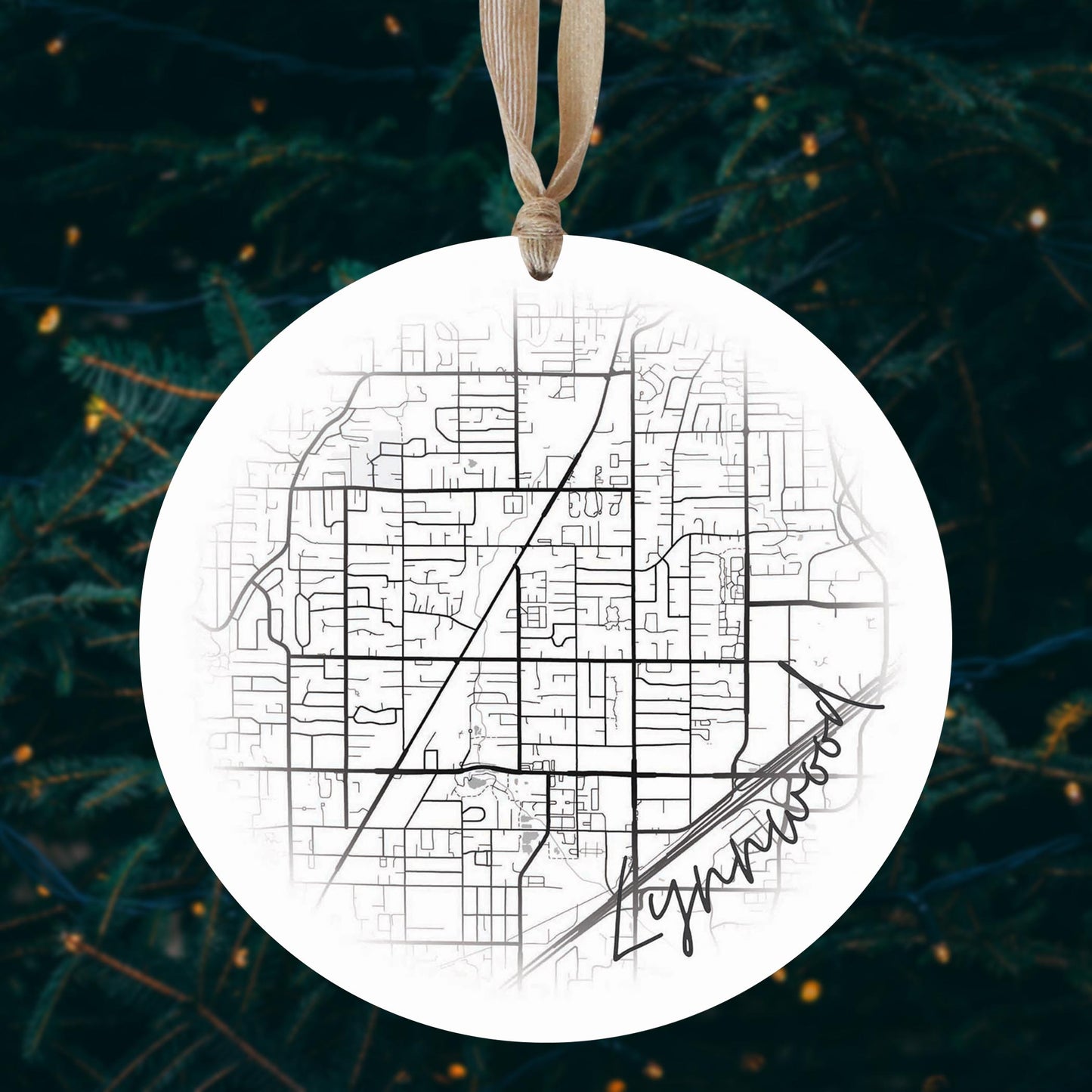 Minimalistic B&W Washington Lynnwood Circle Map | Wood Ornament | Eaches | Min 1