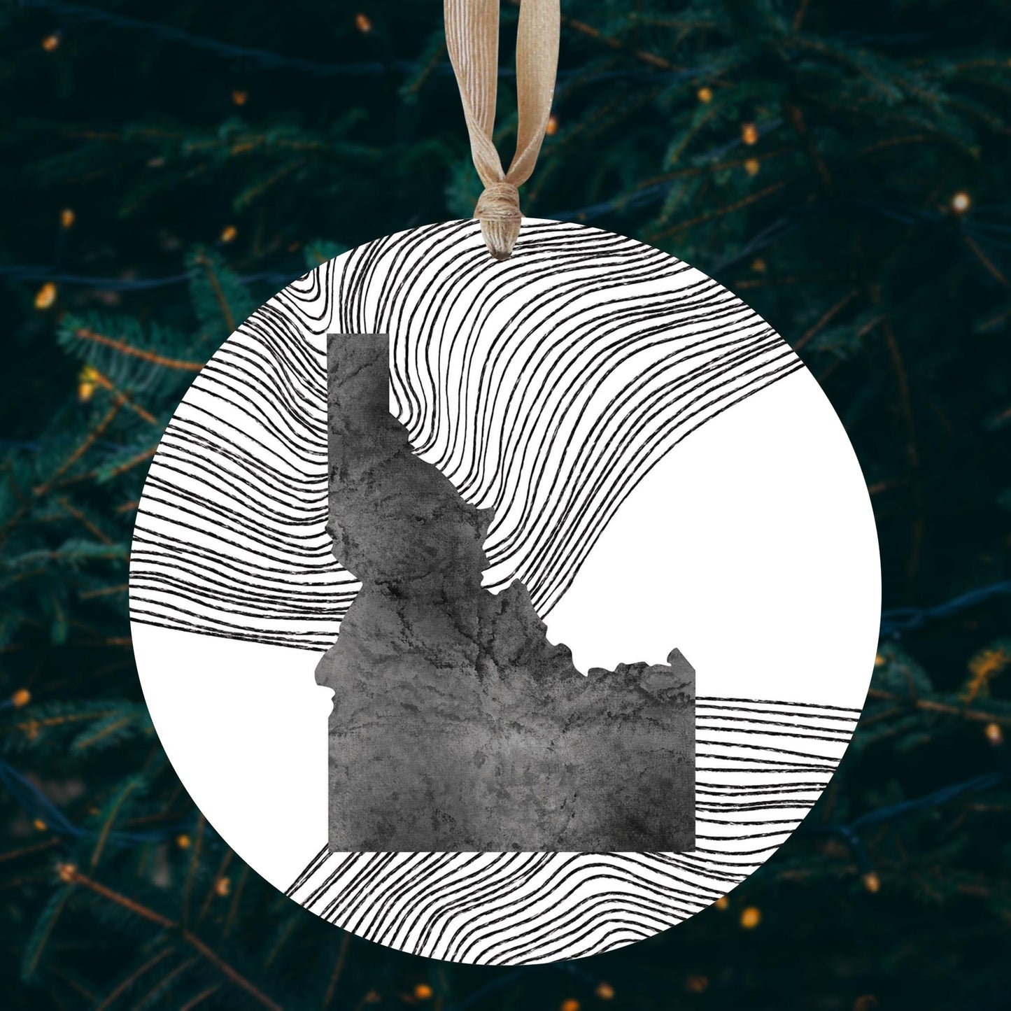 Minimalist B&W Idaho State With Fluid Lines | Wood Ornament | Eaches | Min 1