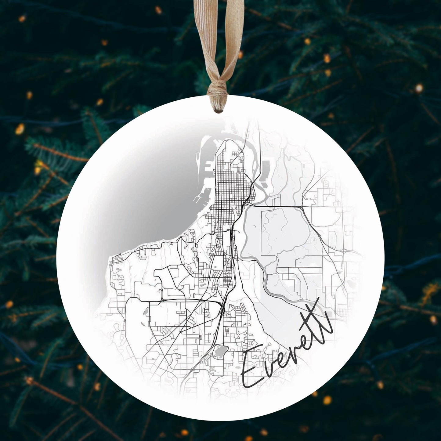 Minimalistic B&W Washington Everett Circle Map | Wood Ornament | Eaches | Min 1
