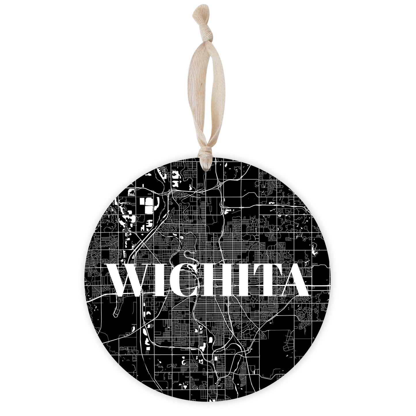 Minimalist B&W Kansas Wichita Map | Wood Ornament | Eaches | Min 1