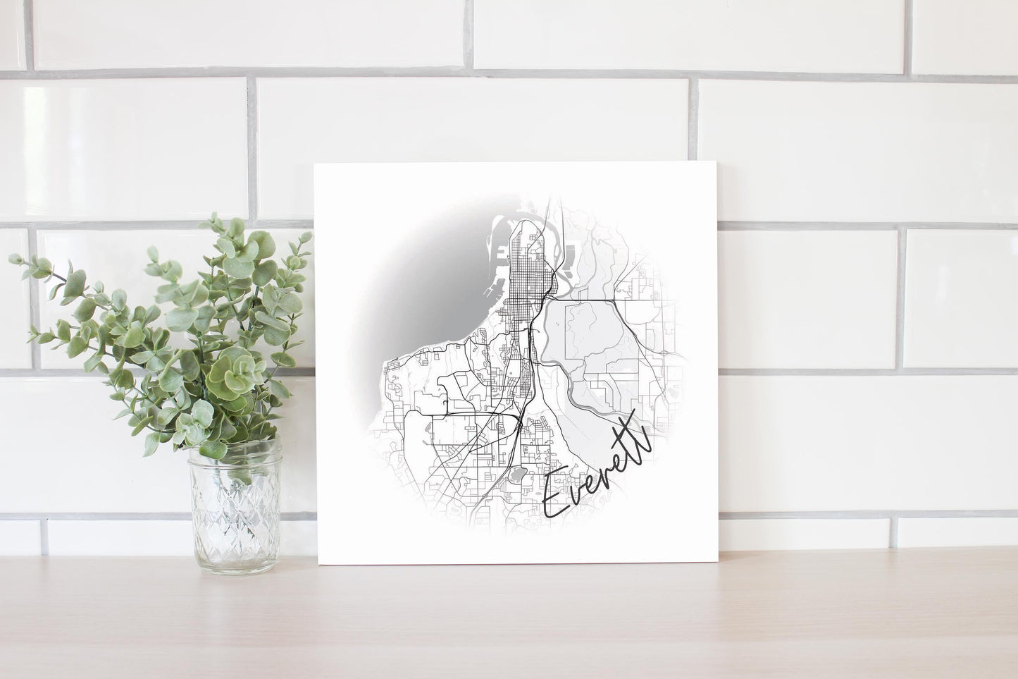 Minimalistic B&W Washington Everett Circle Map | Wood Sign | Eaches | Min 2