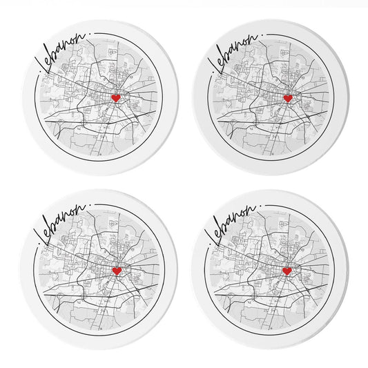 Minimalist B&W Tennessee Lebanon Circle Map Heart | Absorbent Coasters | Set of 4 | Min 2