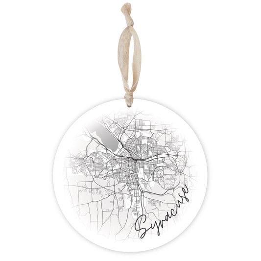 Minimalistic B&W New York Syracuse Faded Circle Map | Wood Ornament | Eaches | Min 1