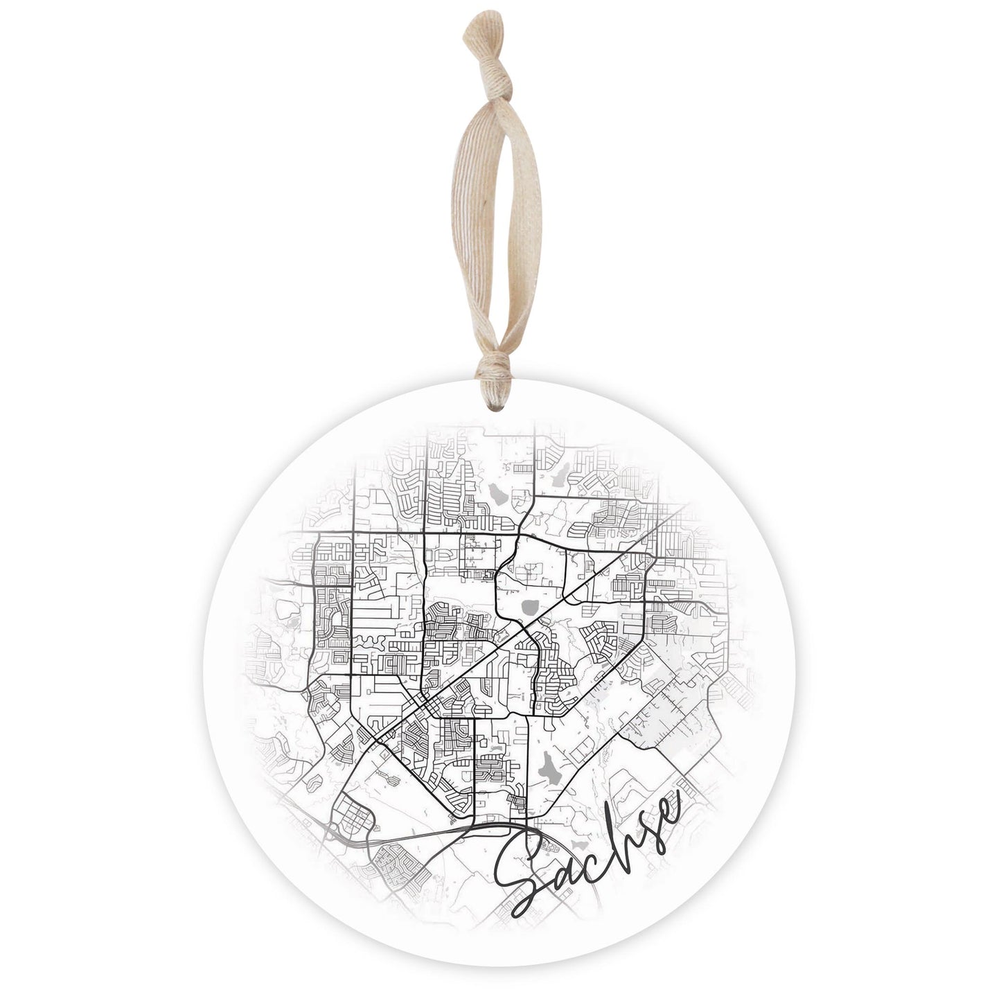 Minimalistic B&W Texas Sachse Circle Map | Wood Ornament | Eaches | Min 1