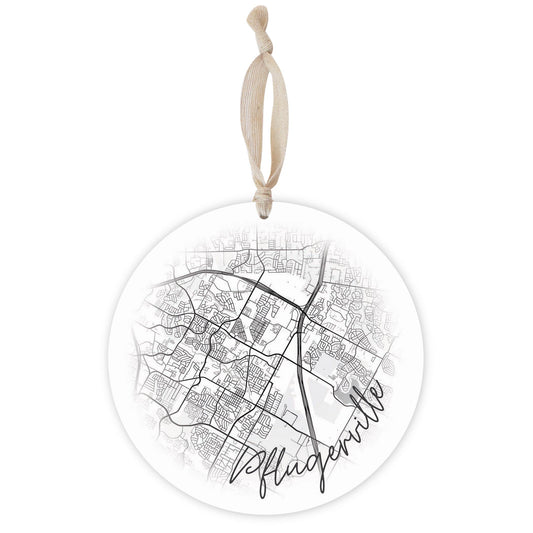 Minimalistic B&W Texas Pflugerville Circle Map | Wood Ornament | Eaches | Min 1