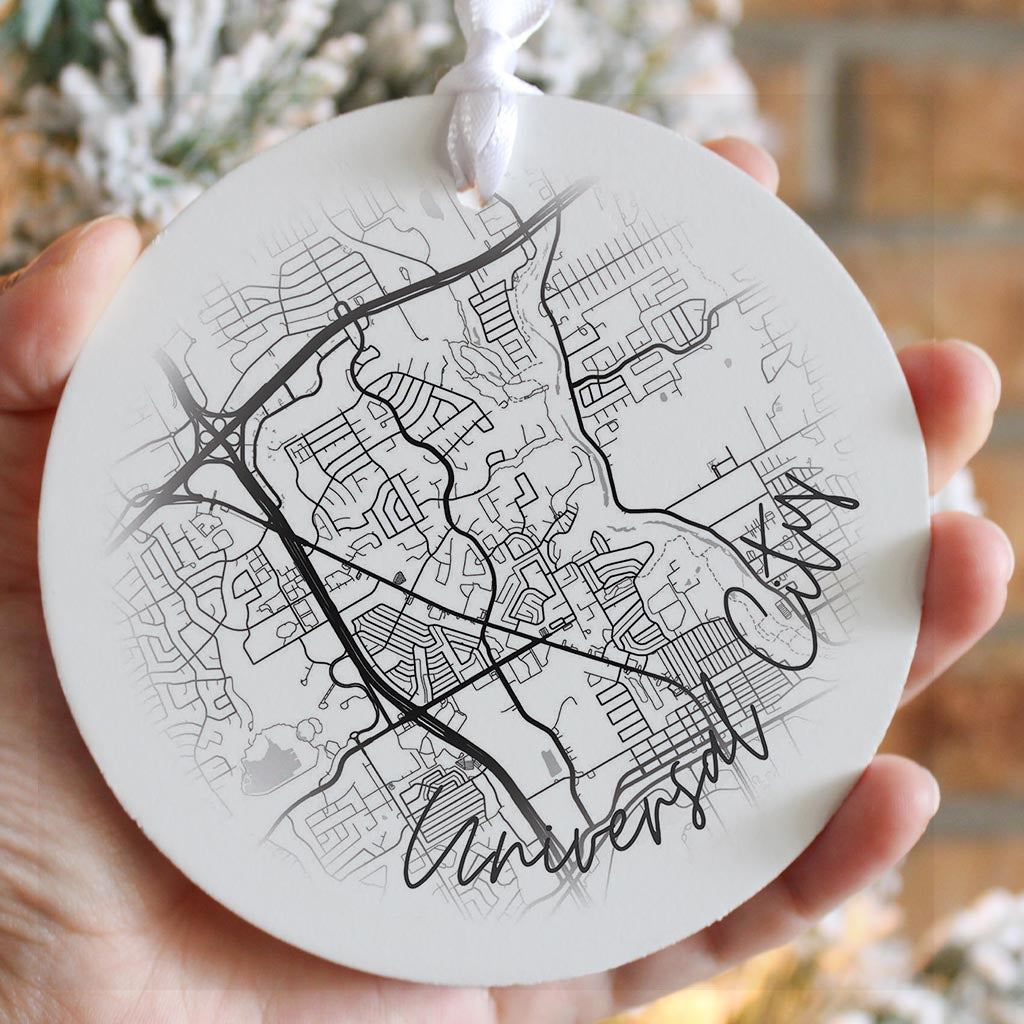 Minimalistic B&W Texas Universal City Circle Map | Wood Ornament | Eaches | Min 6