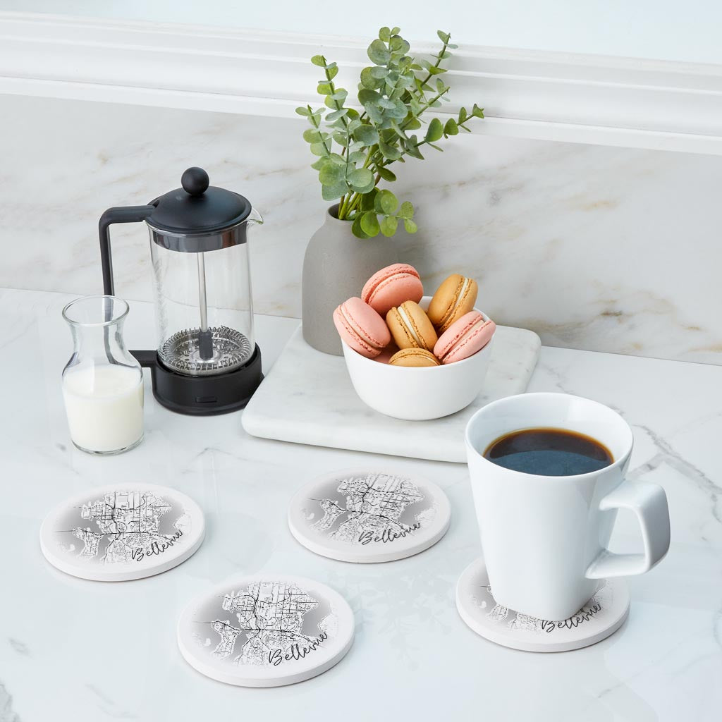 Minimalistic B&W Washington Bellevue Circle Map | Absorbent Coasters | Set of 4 | Min 2