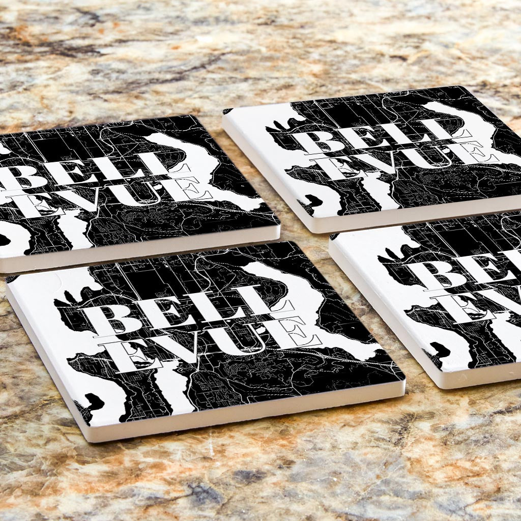 Minimalistic B&W Washington Bellevue Map | Absorbent Coasters | Set of 4 | Min 2