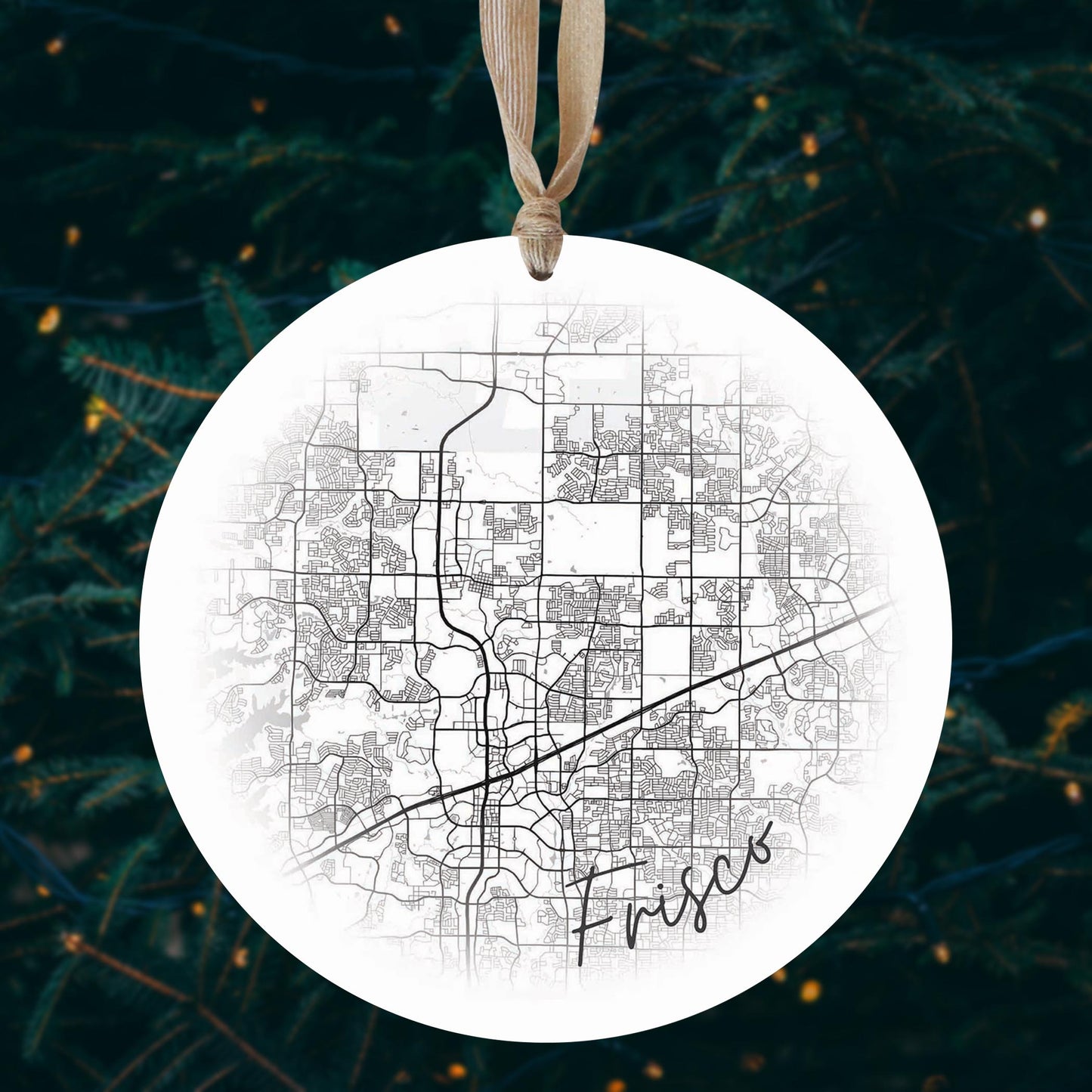 Minimalistic B&W Texas Frisco Circle Map | Wood Ornament | Eaches | Min 1