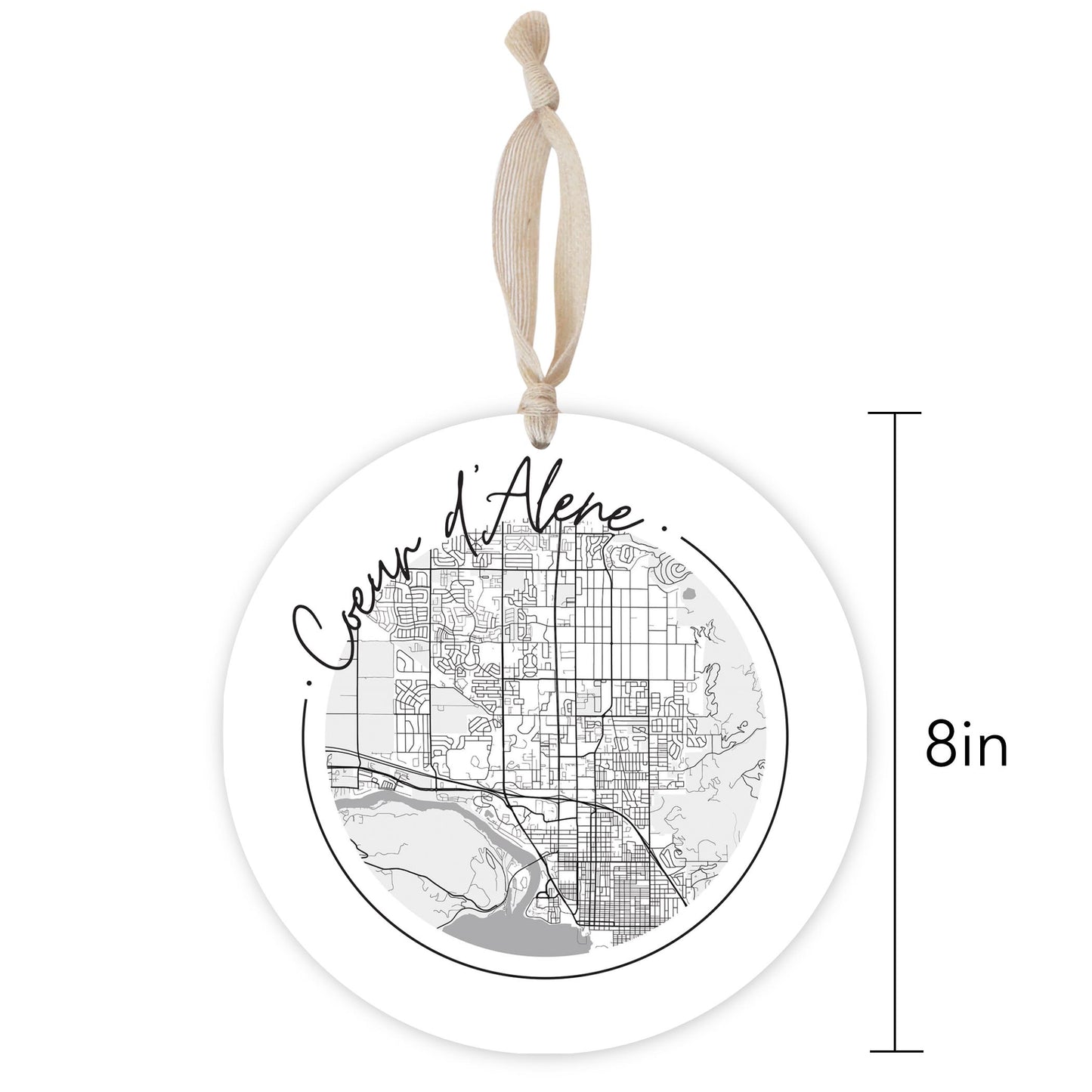 Minimalist B&W Idaho Coeur Dalene Circle Map | Wood Ornament | Eaches | Min 1