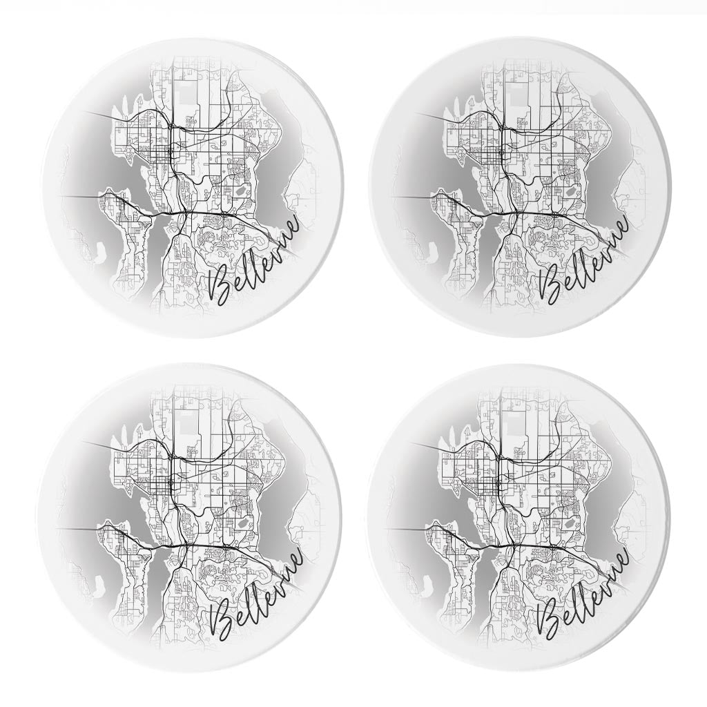 Minimalistic B&W Washington Bellevue Circle Map | Absorbent Coasters | Set of 4 | Min 2