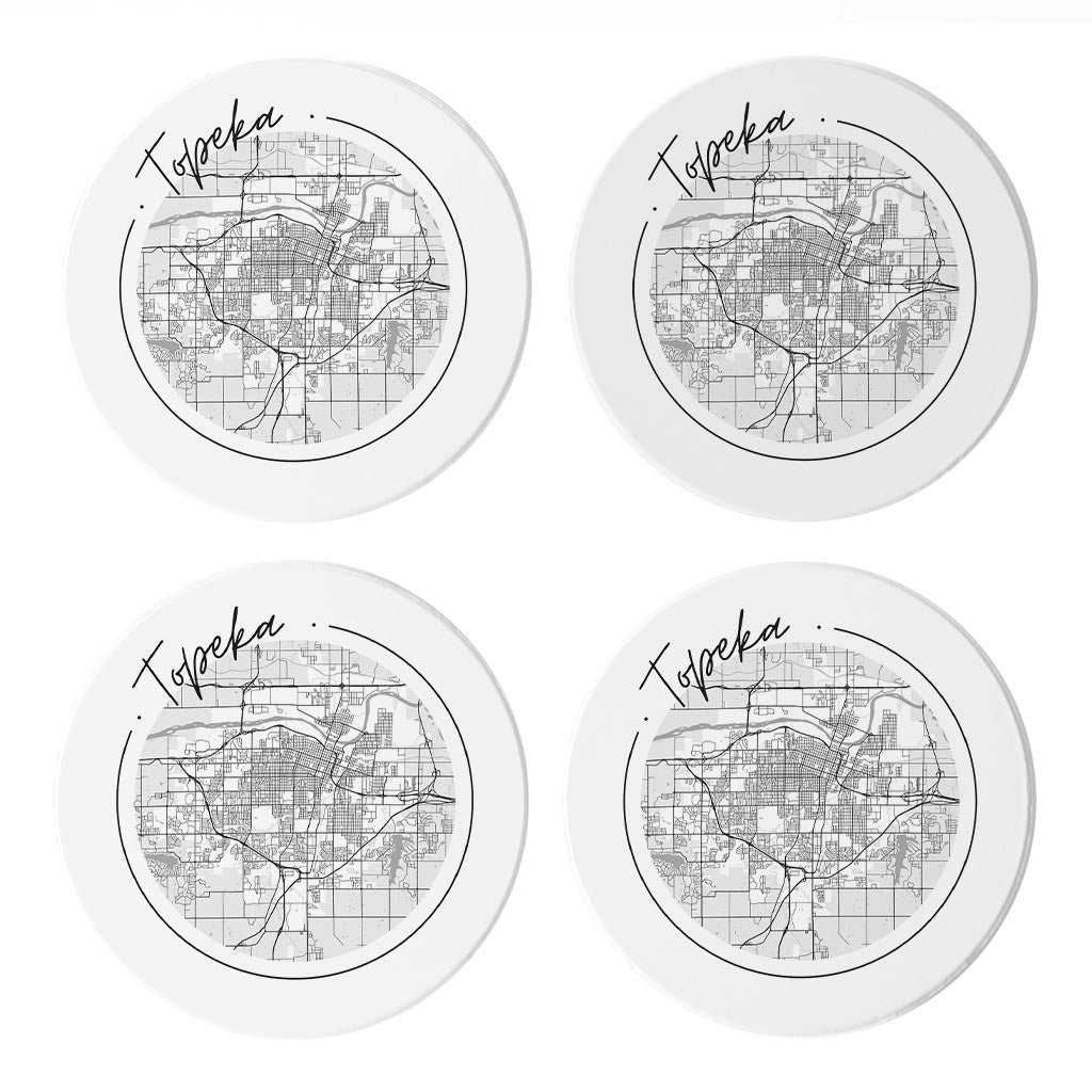 Minimalist B&W Kansas Topeka Circle Map | Absorbent Coasters | Set of 4 | Min 2