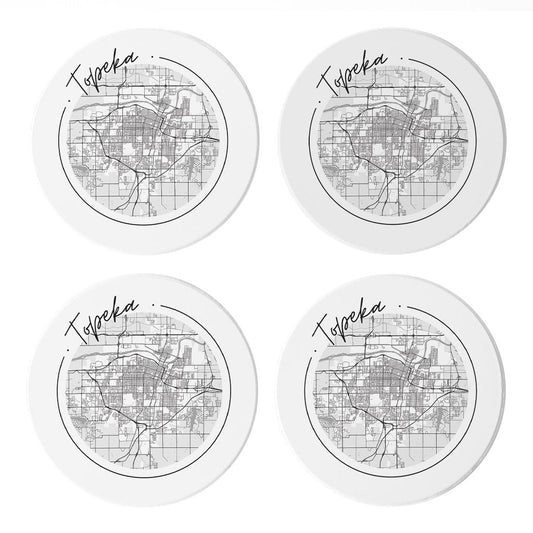 Minimalist B&W Kansas Topeka Circle Map | Absorbent Coasters | Set of 4 | Min 2