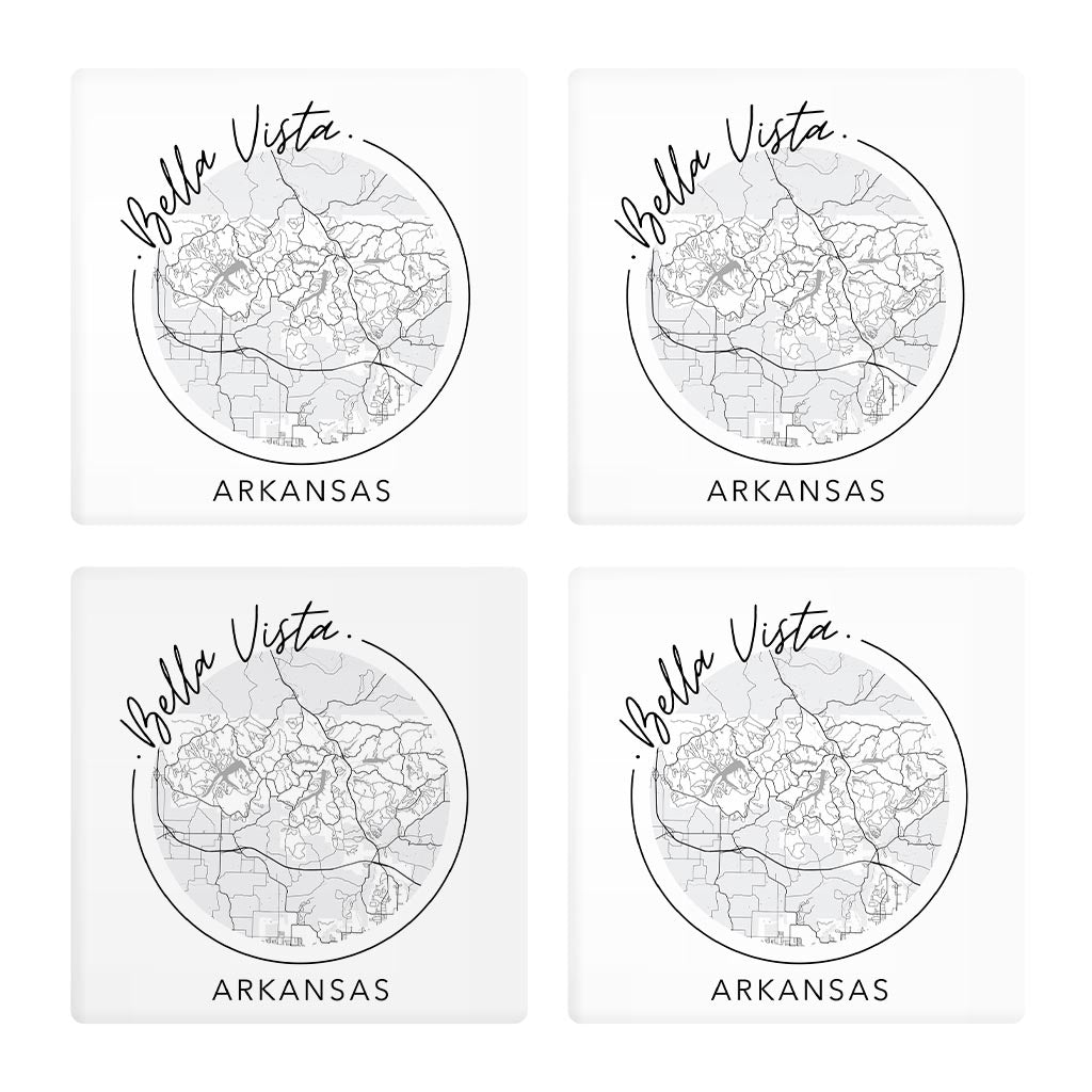 Minimalist B&W Arkansas Bella Vista Circle Map State | Absorbent Coasters | Set of 4 | Min 2