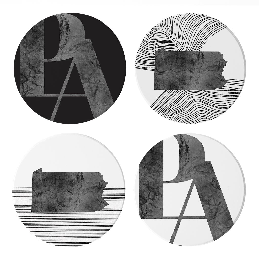 Minimalistic B&W Pennsylvania Initials State | Absorbent Coasters | Set of 4 | Min 2