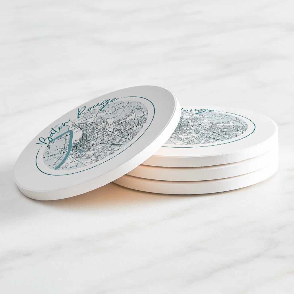 Blue White Baton Rouge Circle Map | Absorbent Coasters | Set of 4 | Min 2