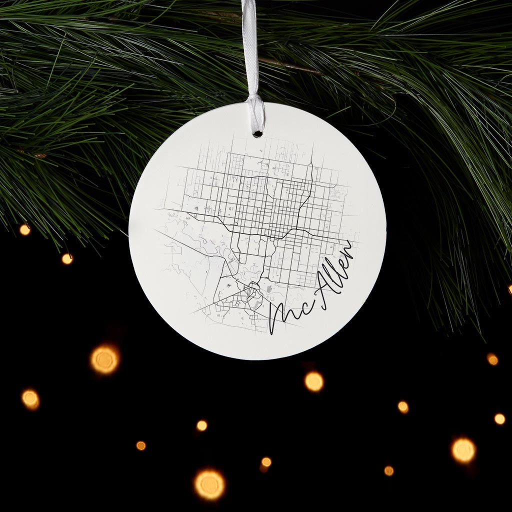 Minimalistic B&W Texas Mcallen Circle Map | Wood Ornament | Eaches | Min 6