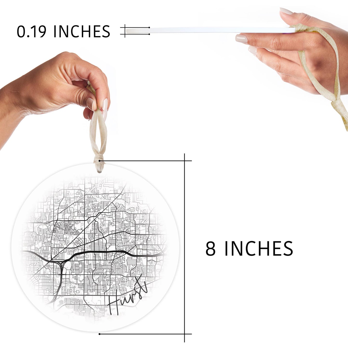 Minimalistic B&W Texas Hurst Circle Map | Wood Ornament | Eaches | Min 1