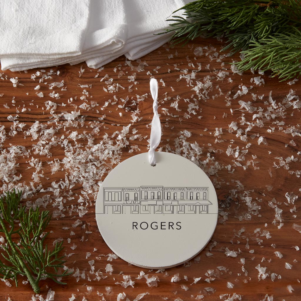 Minimalist B&W Arkansas Rogers Skyline | Wood Ornament | Eaches | Min 6