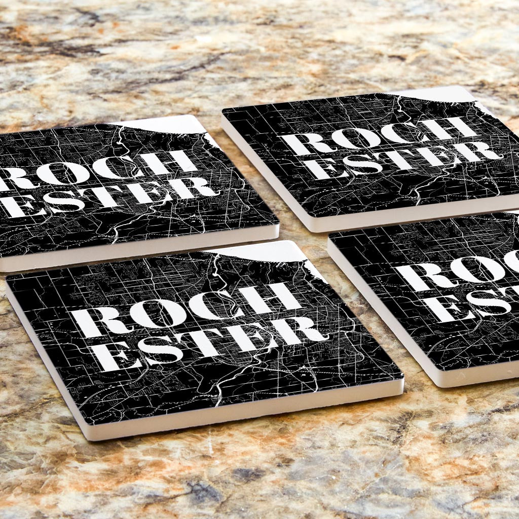 Minimalistic B&W New York Rochester Map | Absorbent Coasters | Set of 4 | Min 2