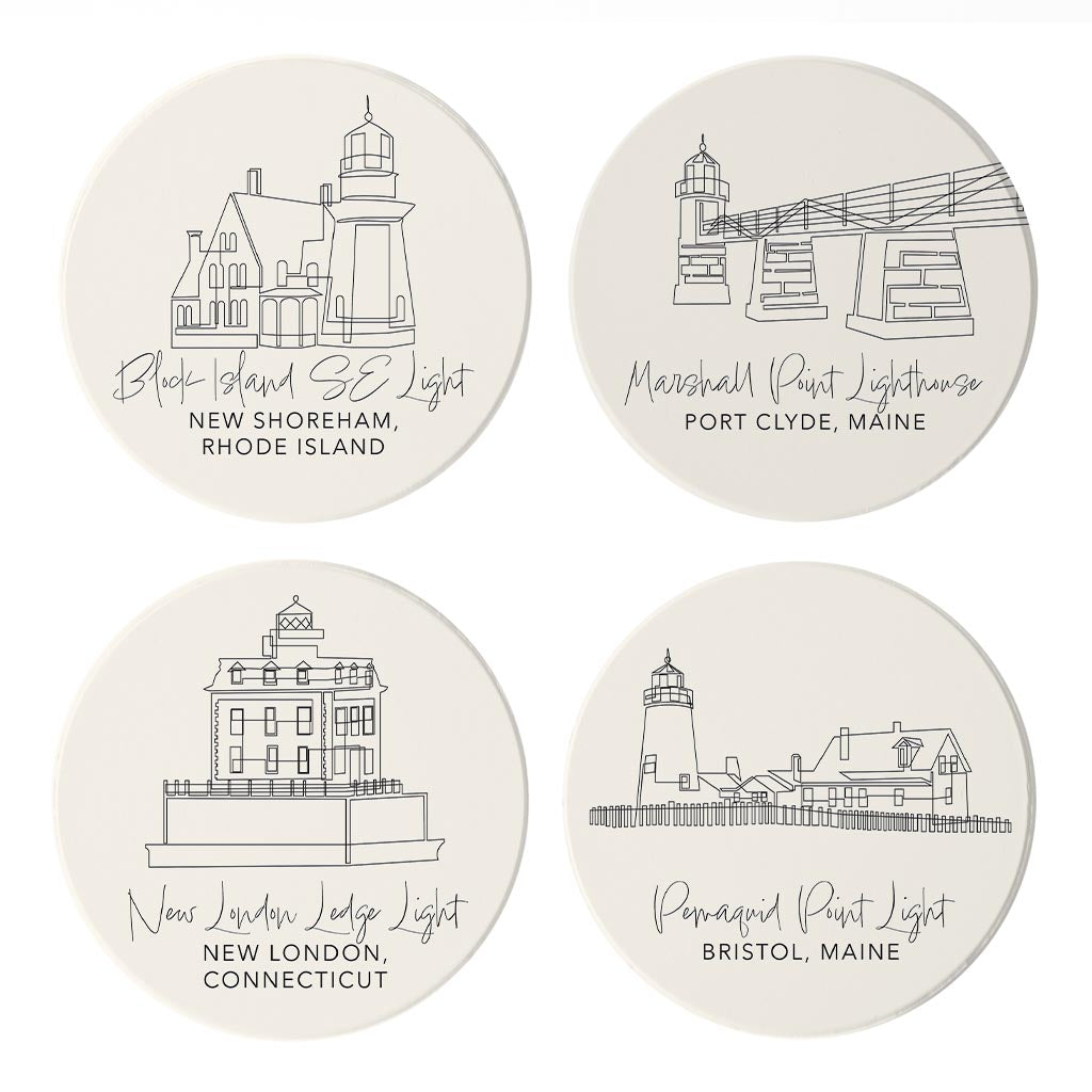 New England Lighthouses Cream Colored | Absorbent Coasters | Set of 4 | Min 2