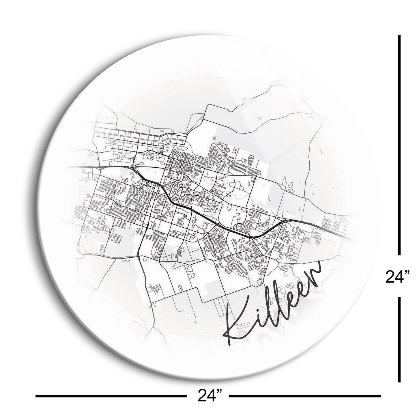 Minimalistic B&W Texas Killeen Circle Map | Hi-Def Glass Art | Eaches | Min 1