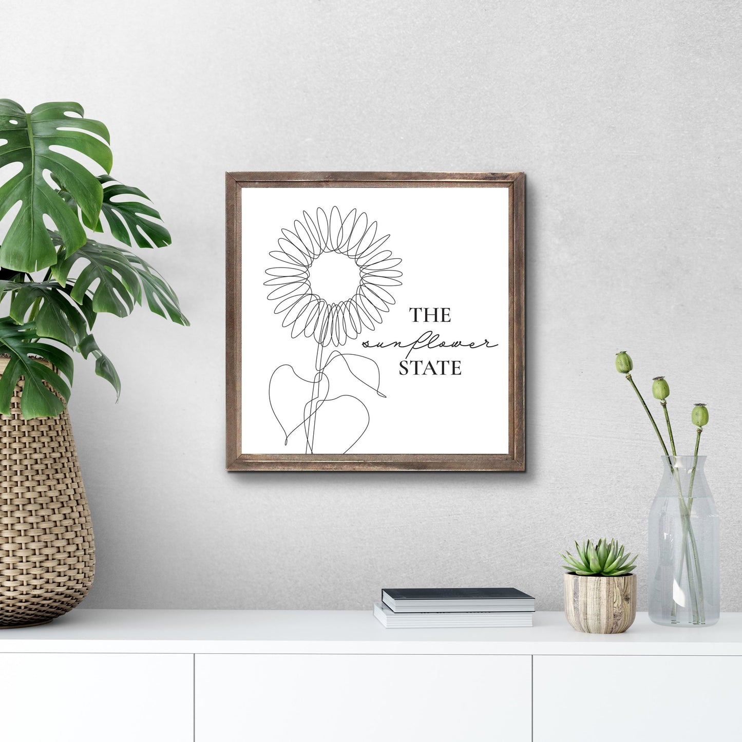 Minimalist B&W Kansas Sunflower Line Drawing | Wood Sign | Eaches | Min 1