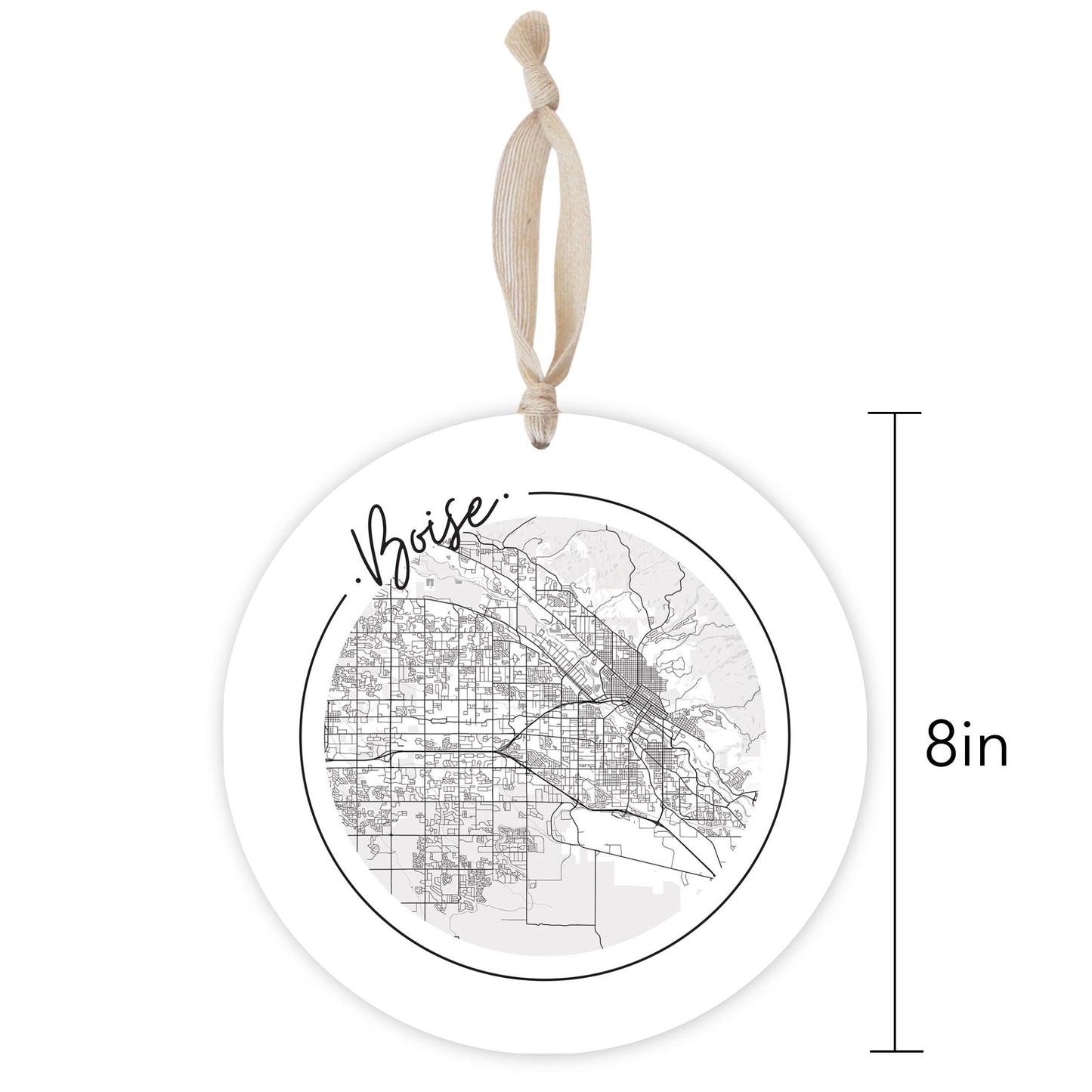 Minimalist B&W Idaho Boise Circle Map | Wood Ornament | Eaches | Min 1