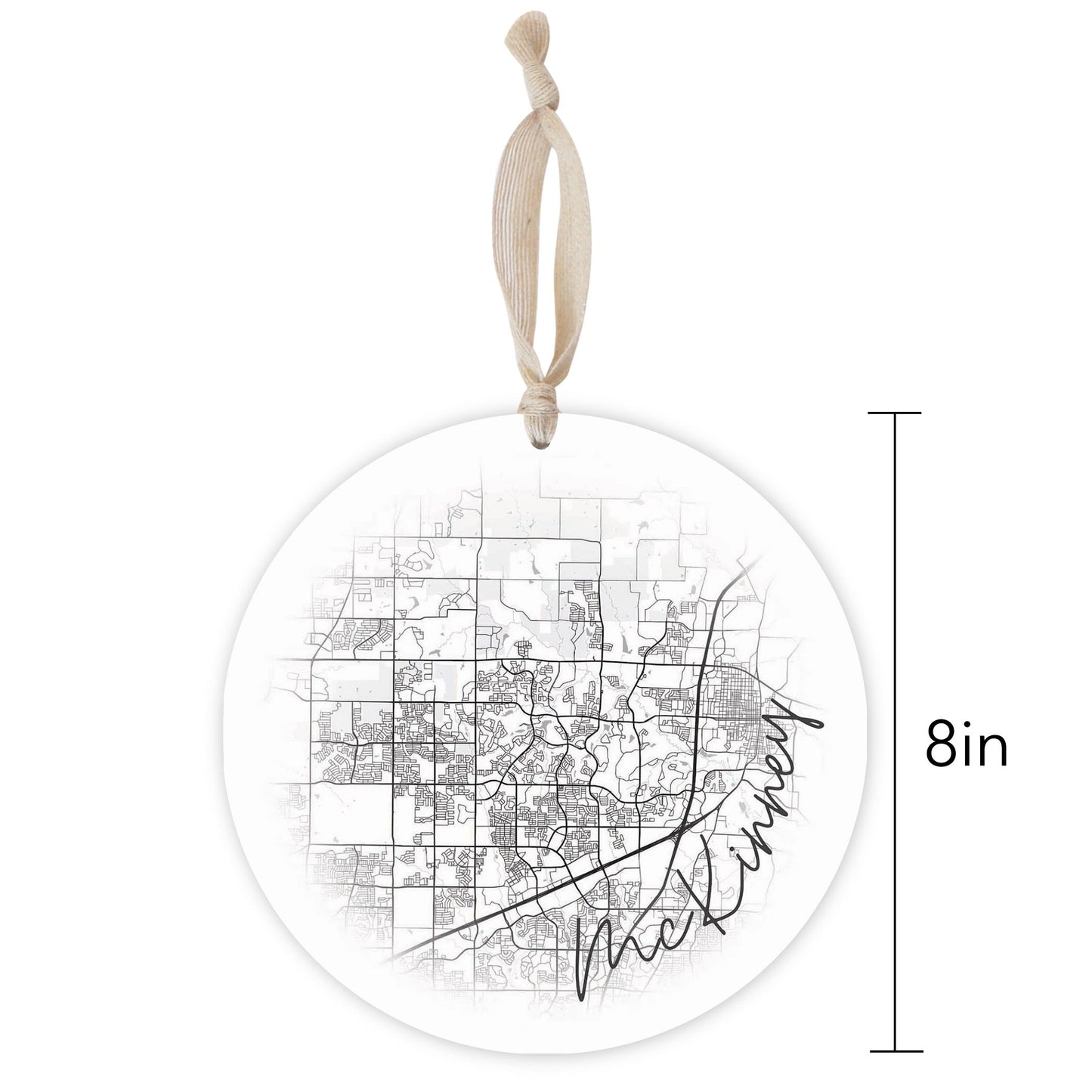 Minimalistic B&W Texas Mckinney Circle Map | Wood Ornament | Eaches | Min 1