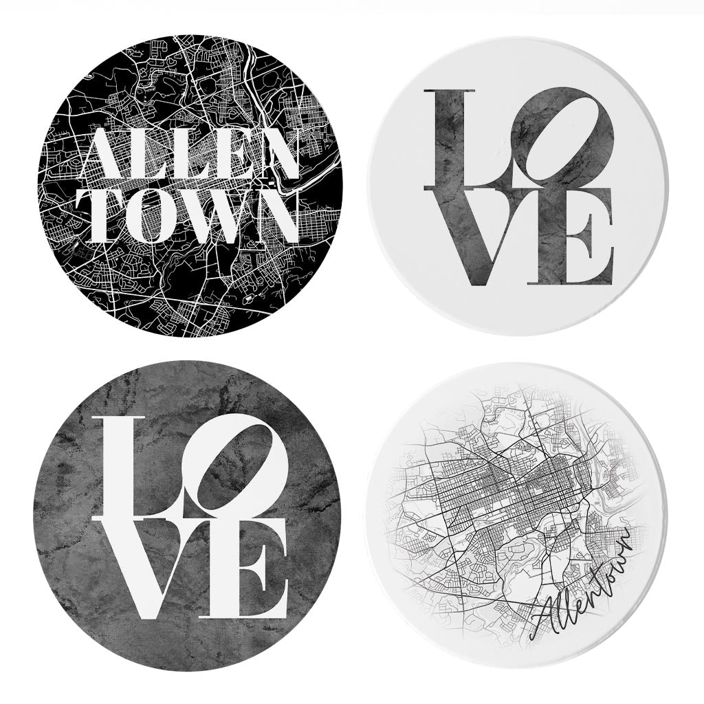 Minimalistic B&W Pennsylvania Allentown Maps Love| Absorbent Coasters | Set of 4 | Min 2