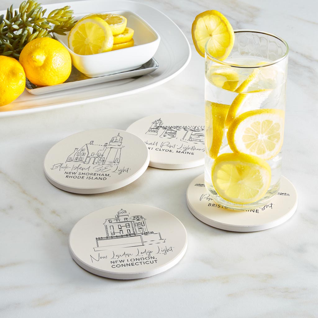 New England Lighthouses Cream Colored | Absorbent Coasters | Set of 4 | Min 2