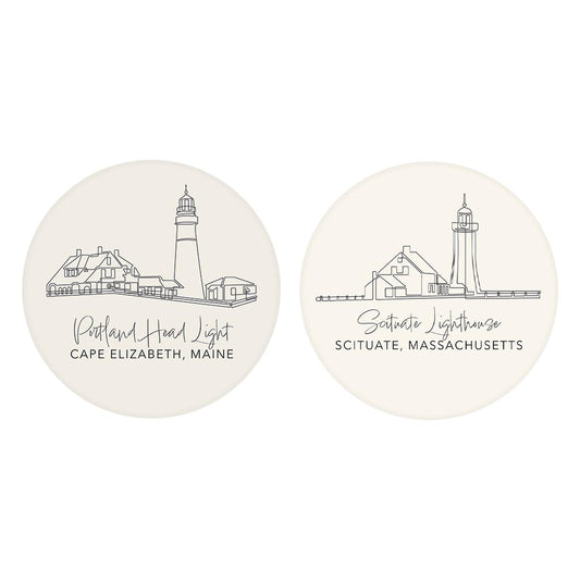 New England Lighthouses Cream Colored | Absorbent Car Coasters | Set of 2 | Min 4