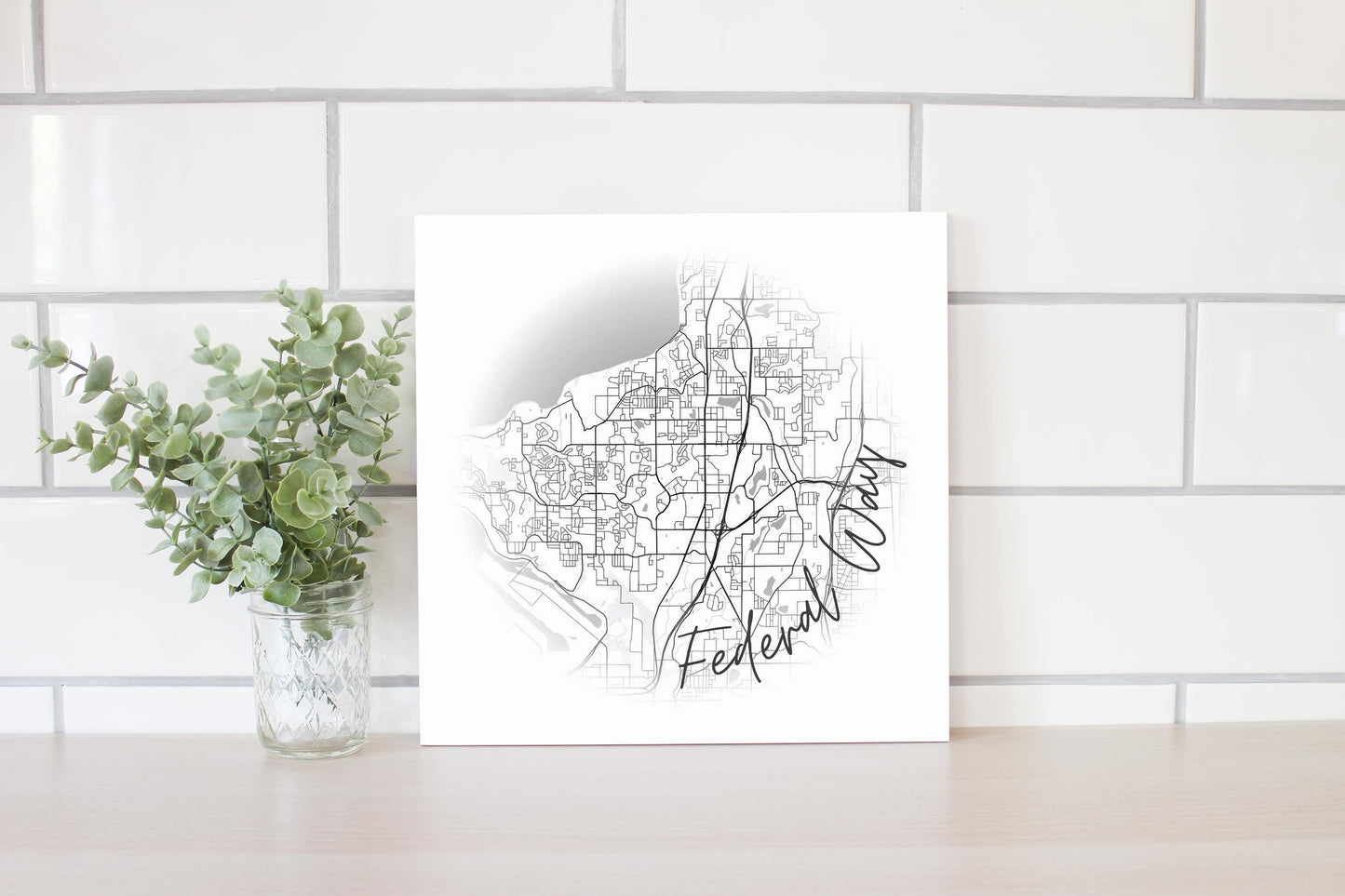 Minimalistic B&W Washington Federal Way Circle Map | Wood Sign | Eaches | Min 2